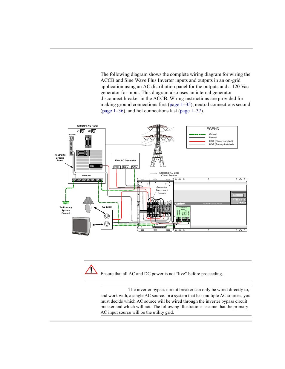 In the accb only –34, For wiring instructions, Warning: shock hazard | Important, Set inverte r off srch on chg | Xantrex Technology ACCB User Manual | Page 46 / 66