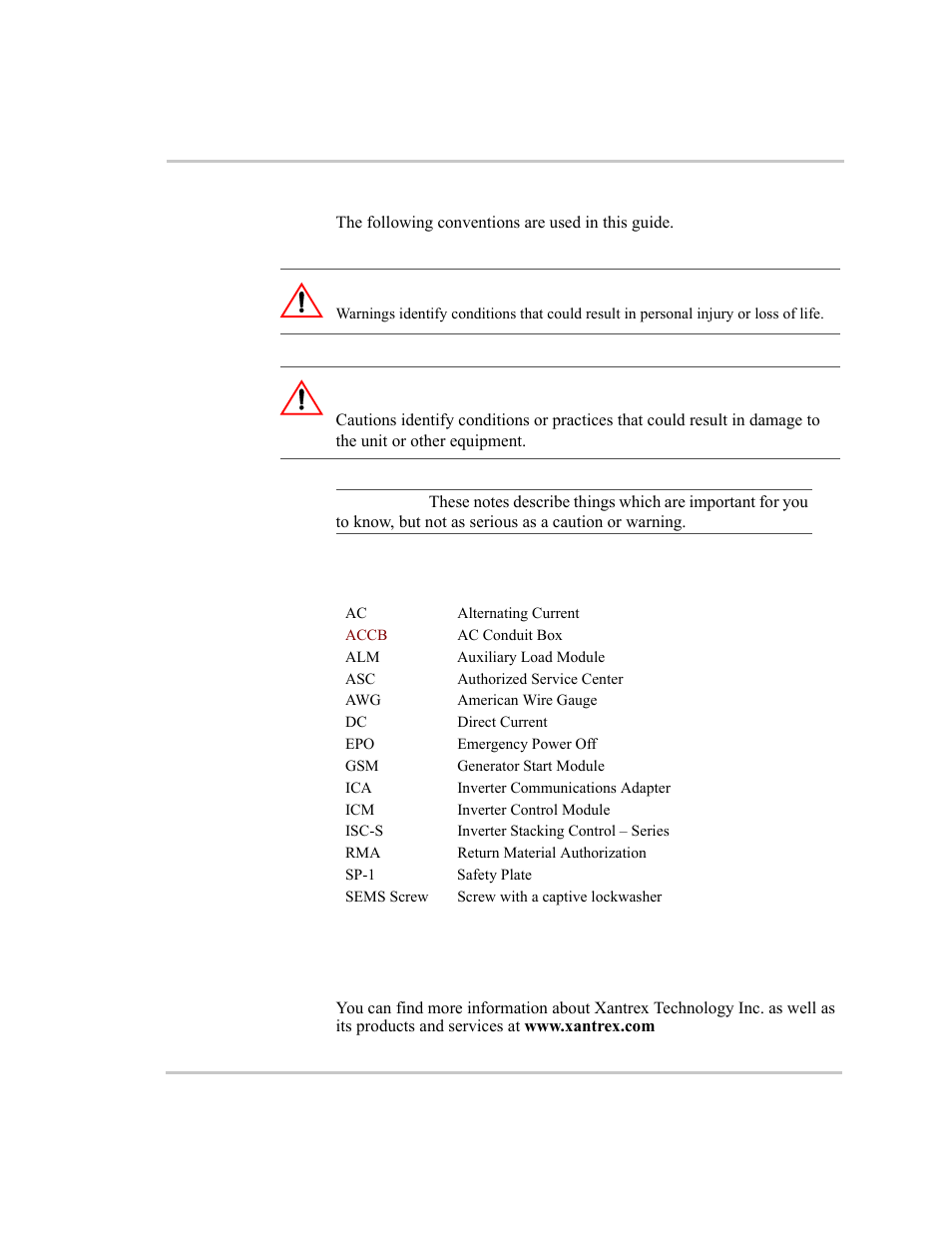 Conventions used, Abbreviations and acronyms, Related information | Abbreviations and acronyms related information, Warning, Caution | Xantrex Technology ACCB User Manual | Page 6 / 66