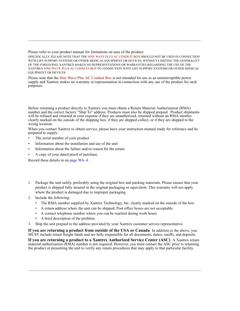 Warning: limitations on use, Return material authorization policy, Return procedure | Xantrex Technology ACCB User Manual | Page 61 / 66