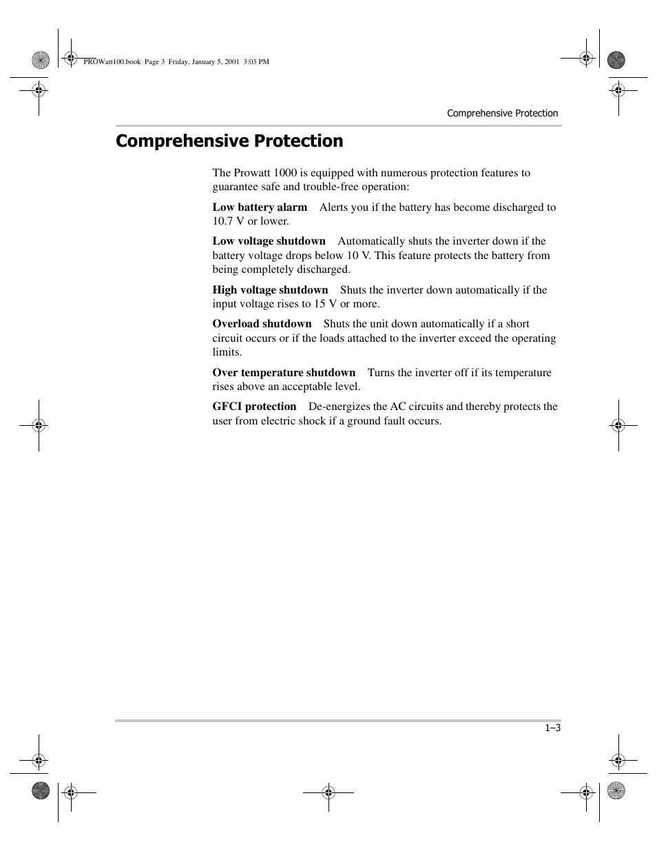 Comprehensive protection, Low battery alarm, Low voltage shutdown | High voltage shutdown, Overload shutdown, Over temperature shutdown, Gfci protection, Comprehensive protection –3 | Xantrex Technology PROwatt 1000 User Manual | Page 15 / 78