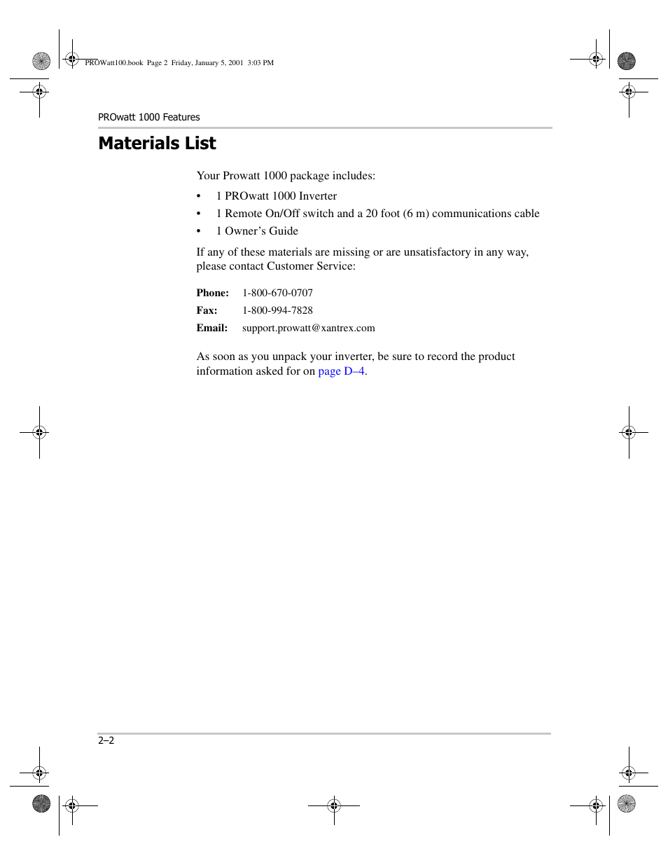 Materials list, Materials list –2 | Xantrex Technology PROwatt 1000 User Manual | Page 18 / 78