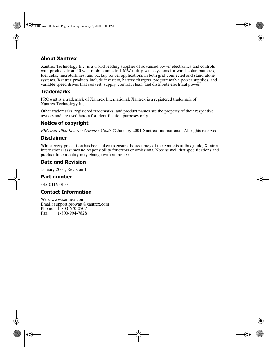 About xantrex, Trademarks, Notice of copyright | Disclaimer, Date and revision, January 2001, revision 1, Part number, Contact information | Xantrex Technology PROwatt 1000 User Manual | Page 2 / 78
