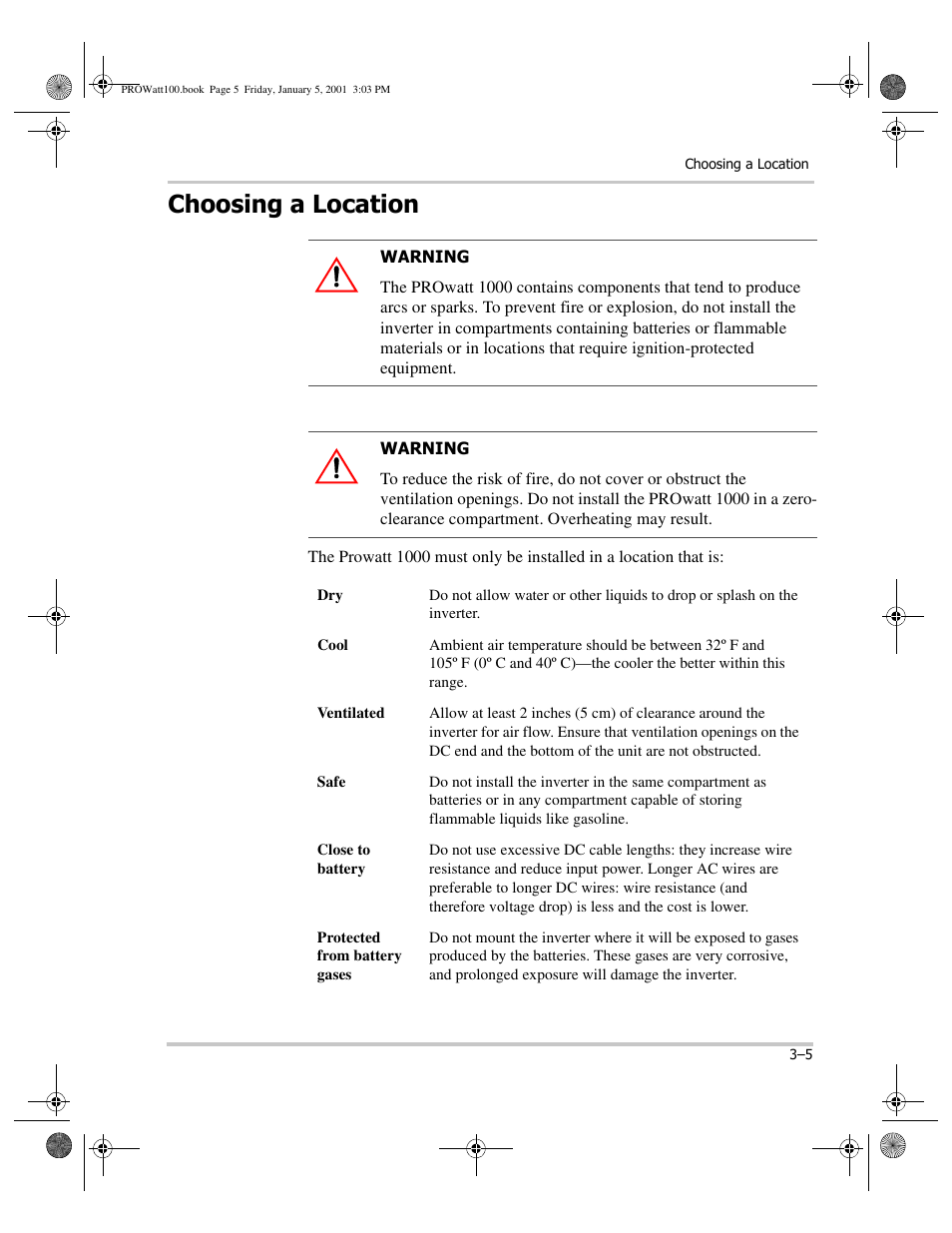 Choosing a location, Choosing a location –5 | Xantrex Technology PROwatt 1000 User Manual | Page 27 / 78