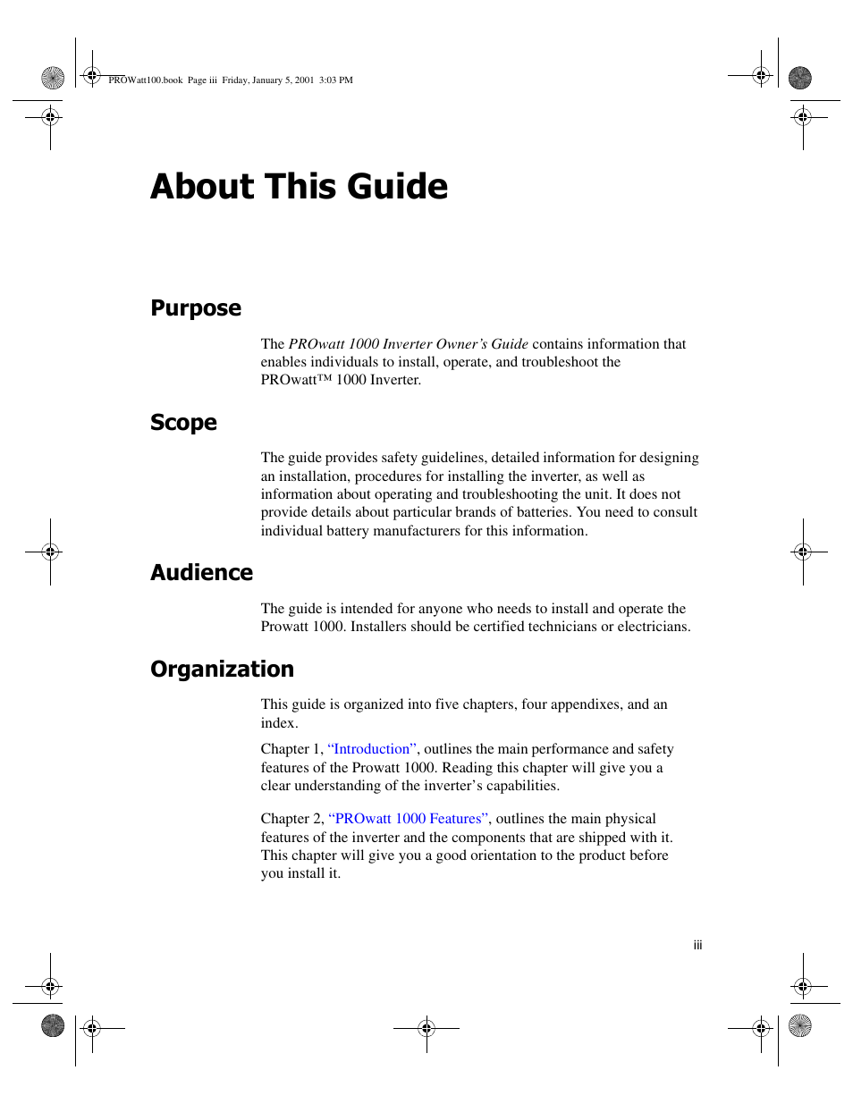 About this guide, Purpose, Scope | Organization, Audience | Xantrex Technology PROwatt 1000 User Manual | Page 3 / 78