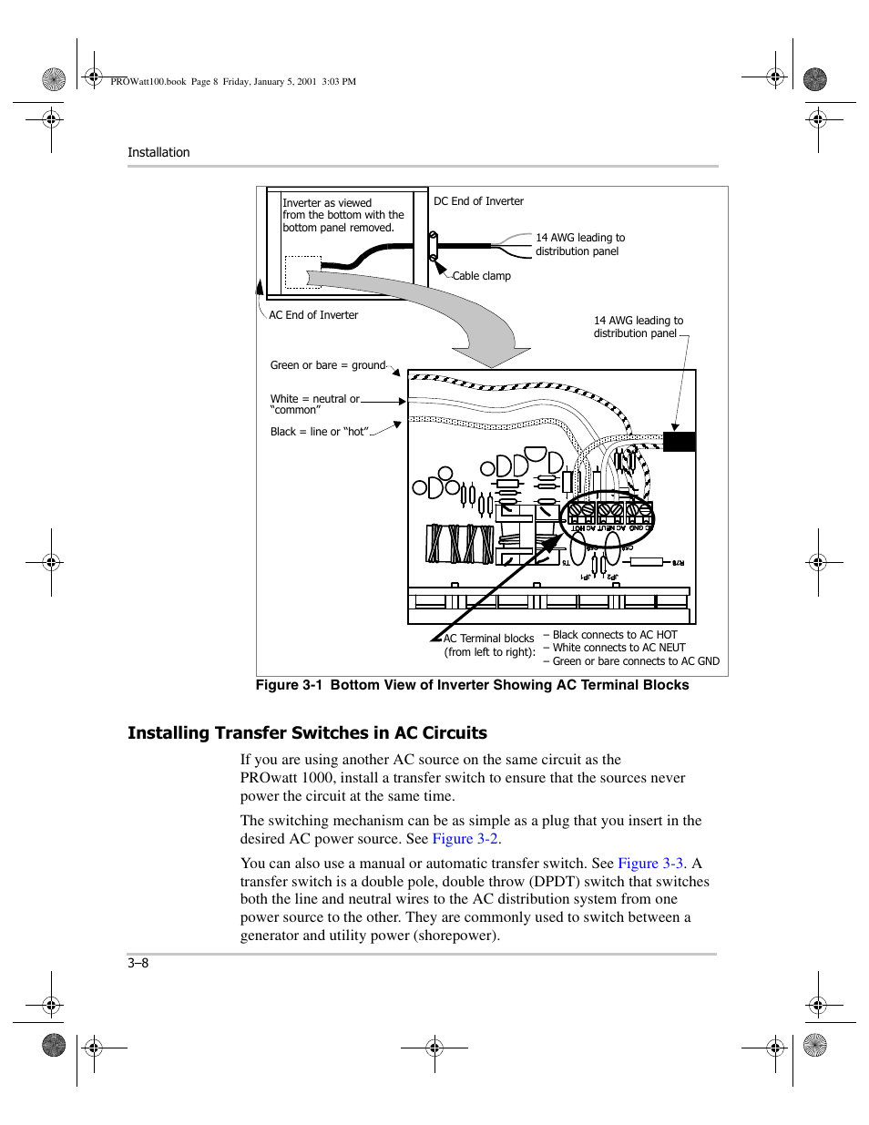 Installing transfer switches in ac circuits, Installing transfer switches in ac circuits –8, Figure 3-1 | Xantrex Technology PROwatt 1000 User Manual | Page 30 / 78
