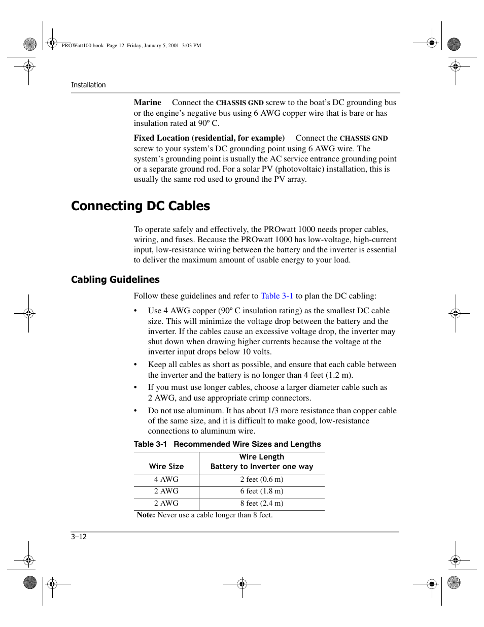Marine, Fixed location (residential, for example), Connecting dc cables | Cabling guidelines, Table 3-1 recommended wire sizes and lengths, Connecting dc cables –12, Cabling guidelines –12 | Xantrex Technology PROwatt 1000 User Manual | Page 34 / 78