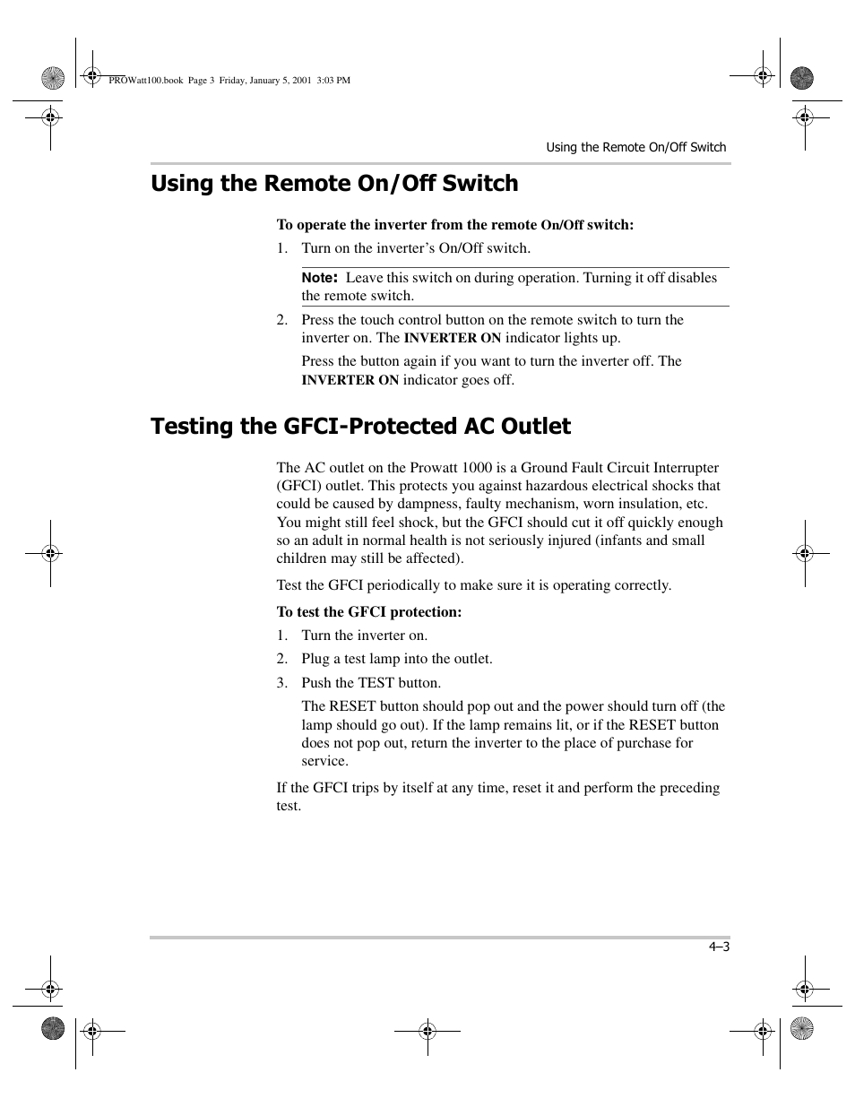 Using the remote on/off switch, Note, Testing the gfci-protected ac outlet | To test the gfci protection, Plug a test lamp into the outlet, Using the remote on/off switch –3, Testing the gfci-protected ac outlet –3 | Xantrex Technology PROwatt 1000 User Manual | Page 43 / 78