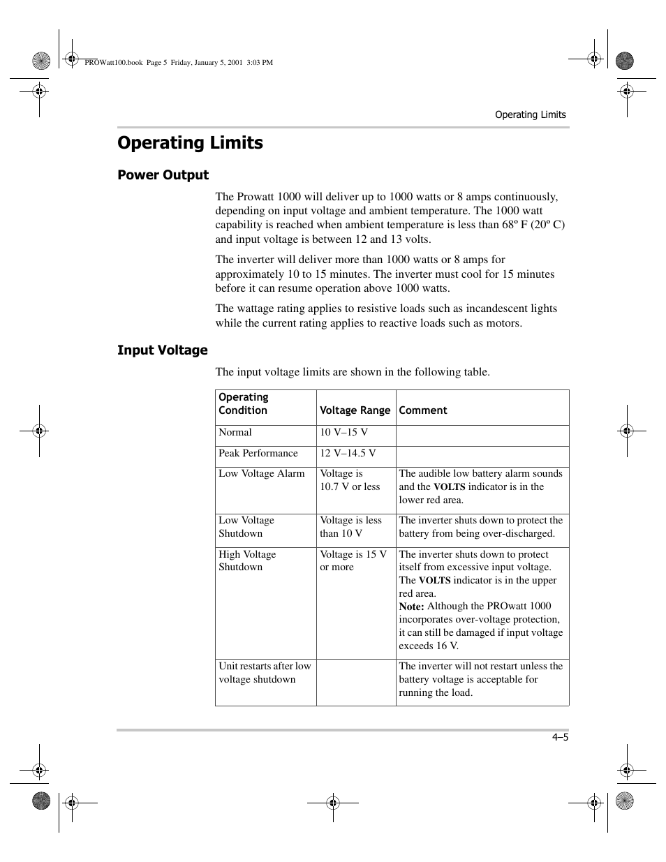 Operating limits, Power output, Input voltage | Operating limits –5, Power output –5 input voltage –5 | Xantrex Technology PROwatt 1000 User Manual | Page 45 / 78