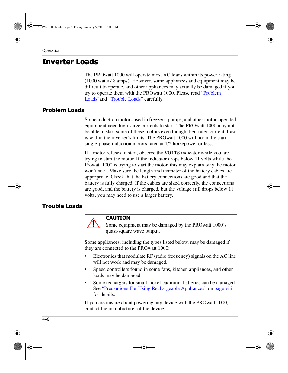 Inverter loads, Problem loads, Trouble loads | Inverter loads –6, Problem loads –6 trouble loads –6 | Xantrex Technology PROwatt 1000 User Manual | Page 46 / 78