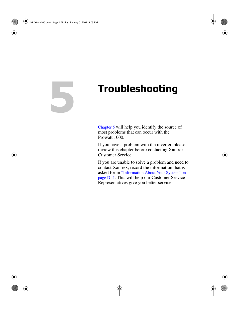 Troubleshooting, 5 troubleshooting | Xantrex Technology PROwatt 1000 User Manual | Page 49 / 78