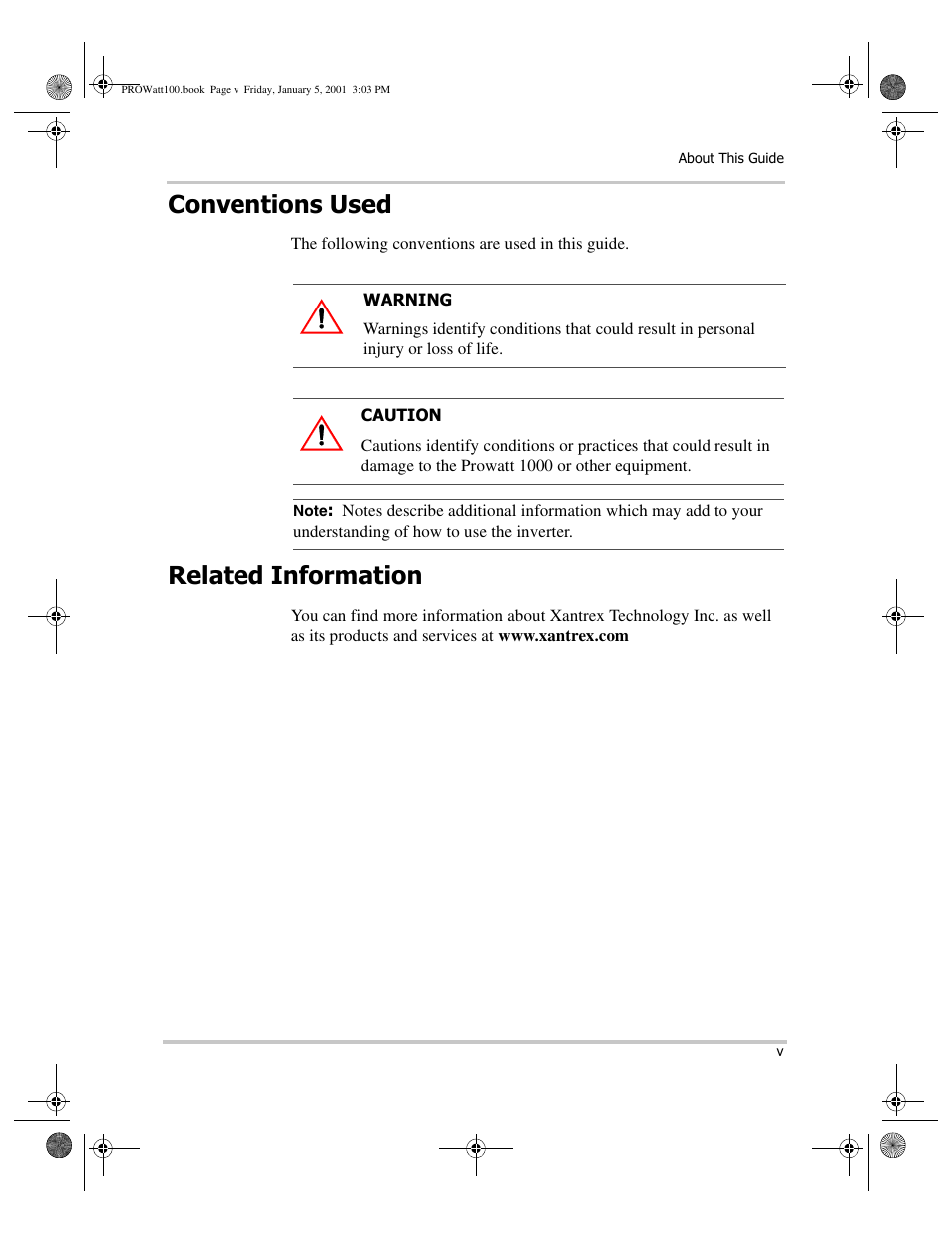 Conventions used, Note, Related information | Xantrex Technology PROwatt 1000 User Manual | Page 5 / 78