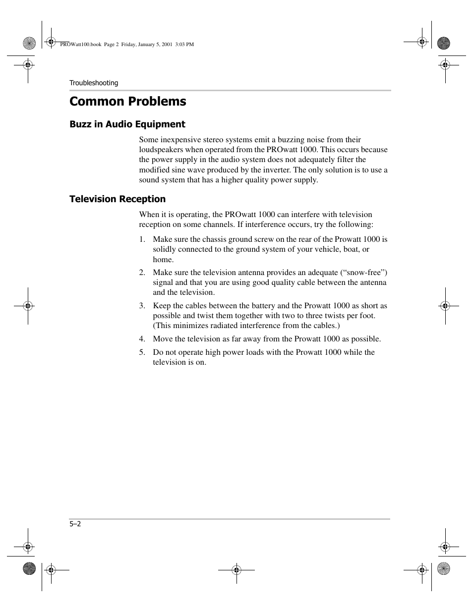 Common problems, Buzz in audio equipment, Television reception | Common problems –2, Buzz in audio equipment –2, Television reception –2, Index, Ix–1 | Xantrex Technology PROwatt 1000 User Manual | Page 50 / 78