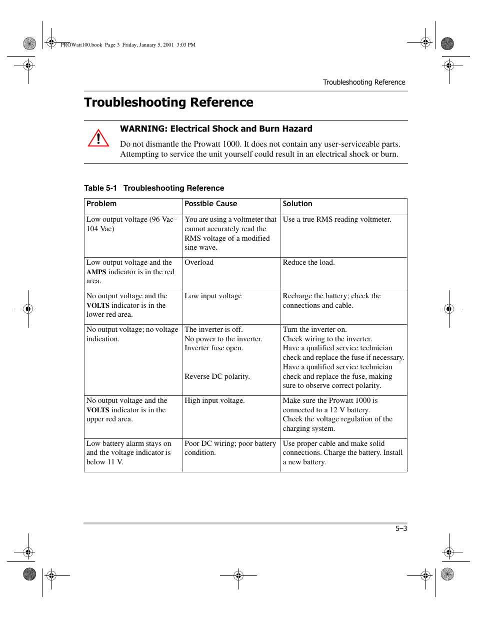 Troubleshooting reference, Table 5-1 troubleshooting reference, Troubleshooting reference –3 | Xantrex Technology PROwatt 1000 User Manual | Page 51 / 78