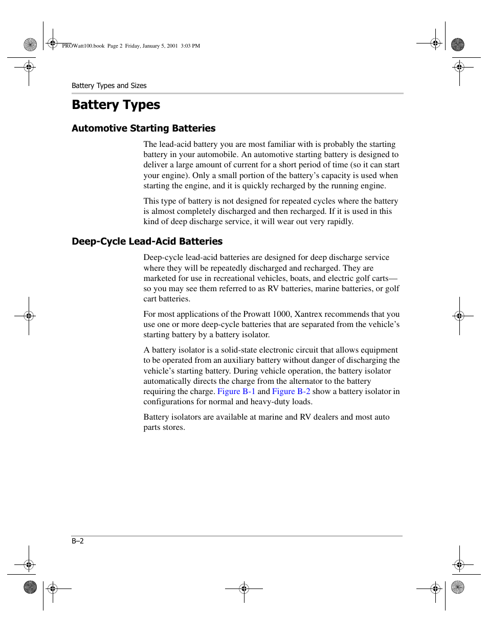 Battery types, Automotive starting batteries, Deep-cycle lead-acid batteries | Xantrex Technology PROwatt 1000 User Manual | Page 56 / 78