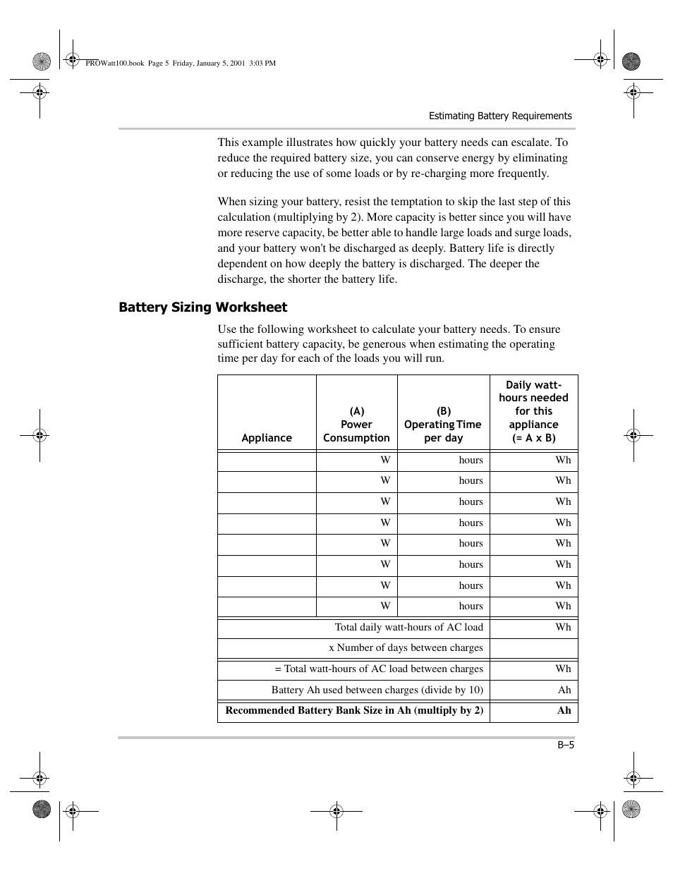 Battery sizing worksheet | Xantrex Technology PROwatt 1000 User Manual | Page 59 / 78
