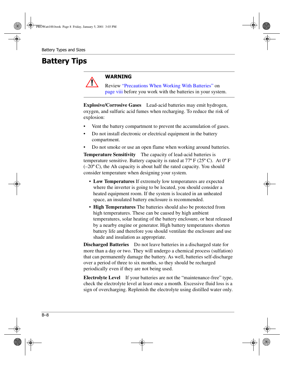 Battery tips, Explosive/corrosive gases, Temperature sensitivity | Discharged batteries, Electrolyte level | Xantrex Technology PROwatt 1000 User Manual | Page 62 / 78