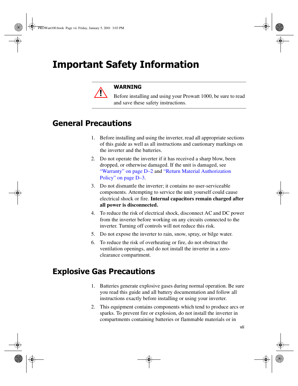 Important safety information, General precautions, Explosive gas precautions | Xantrex Technology PROwatt 1000 User Manual | Page 7 / 78