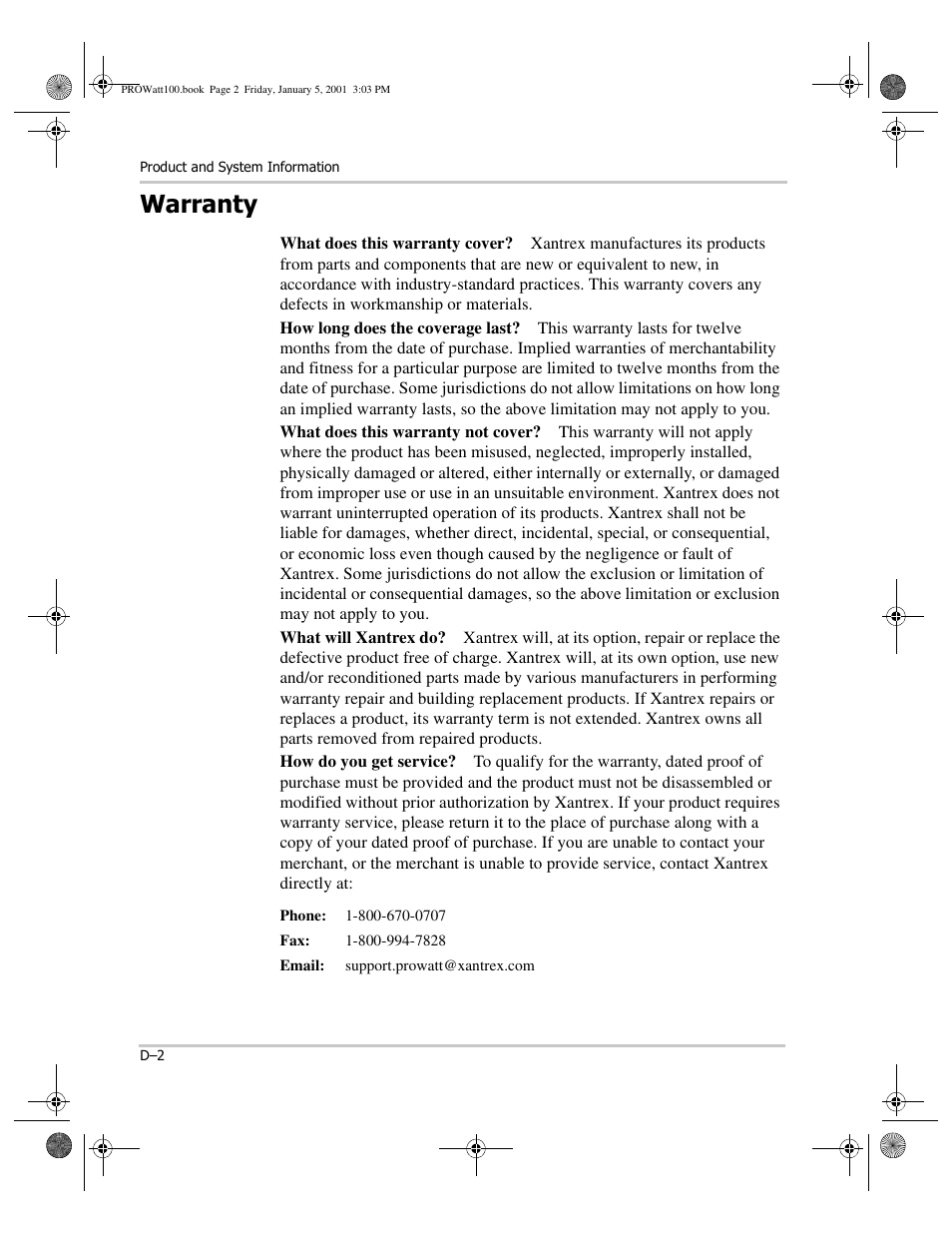 Warranty, What does this warranty cover, How long does the coverage last | What does this warranty not cover, What will xantrex do, How do you get service | Xantrex Technology PROwatt 1000 User Manual | Page 70 / 78