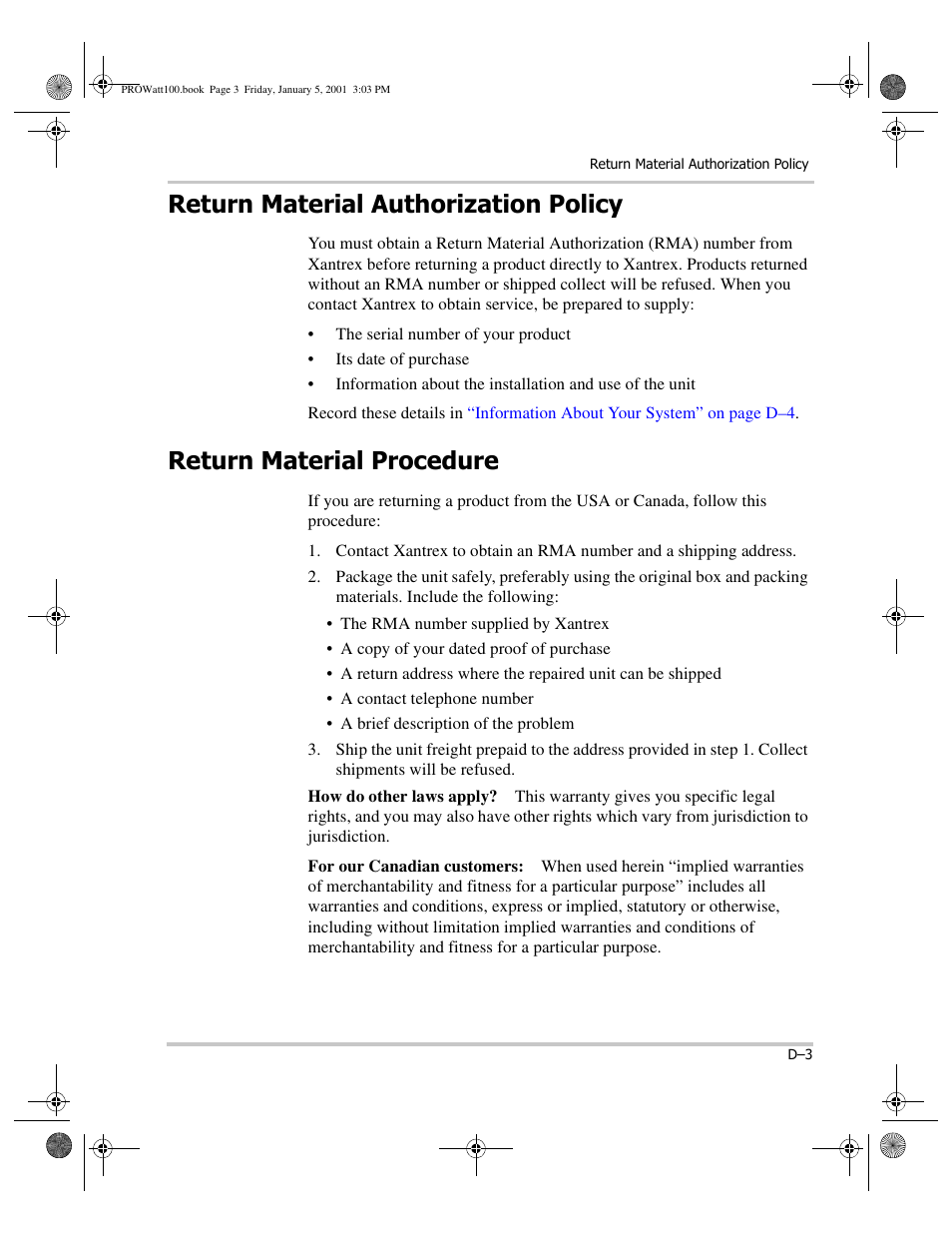 Return material authorization policy, Return material procedure, How do other laws apply | For our canadian customers, Return material authorization | Xantrex Technology PROwatt 1000 User Manual | Page 71 / 78