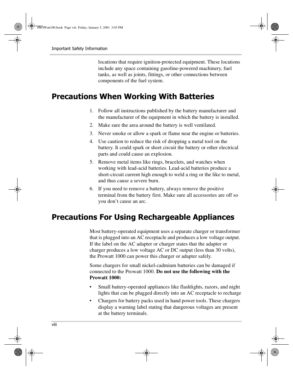 Precautions when working with batteries, Precautions for using rechargeable appliances | Xantrex Technology PROwatt 1000 User Manual | Page 8 / 78
