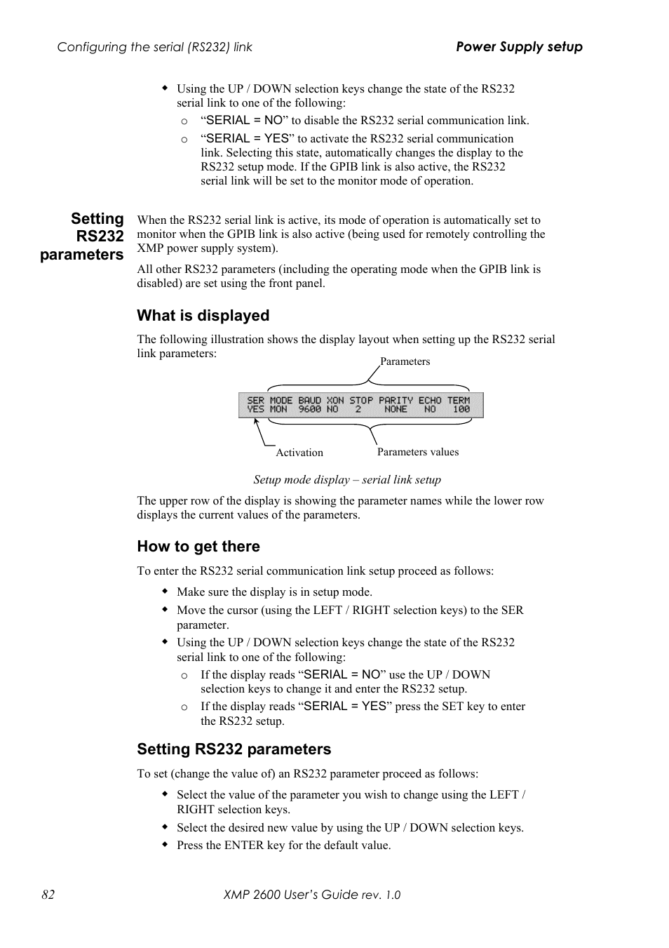 Etting, Rs232, Parameters | Hat is displayed, Ow to get there, Setting rs232 parameters, What is displayed, How to get there | Xantrex Technology XMP 2600 User Manual | Page 101 / 119