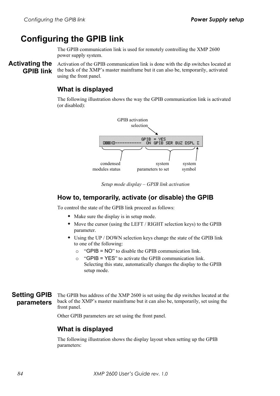 Configuring the gpib link, Ctivating the, Gpib | Link, Hat is displayed, Ow to, Temporarily, Activate, Or disable, Gpib 84 | Xantrex Technology XMP 2600 User Manual | Page 103 / 119