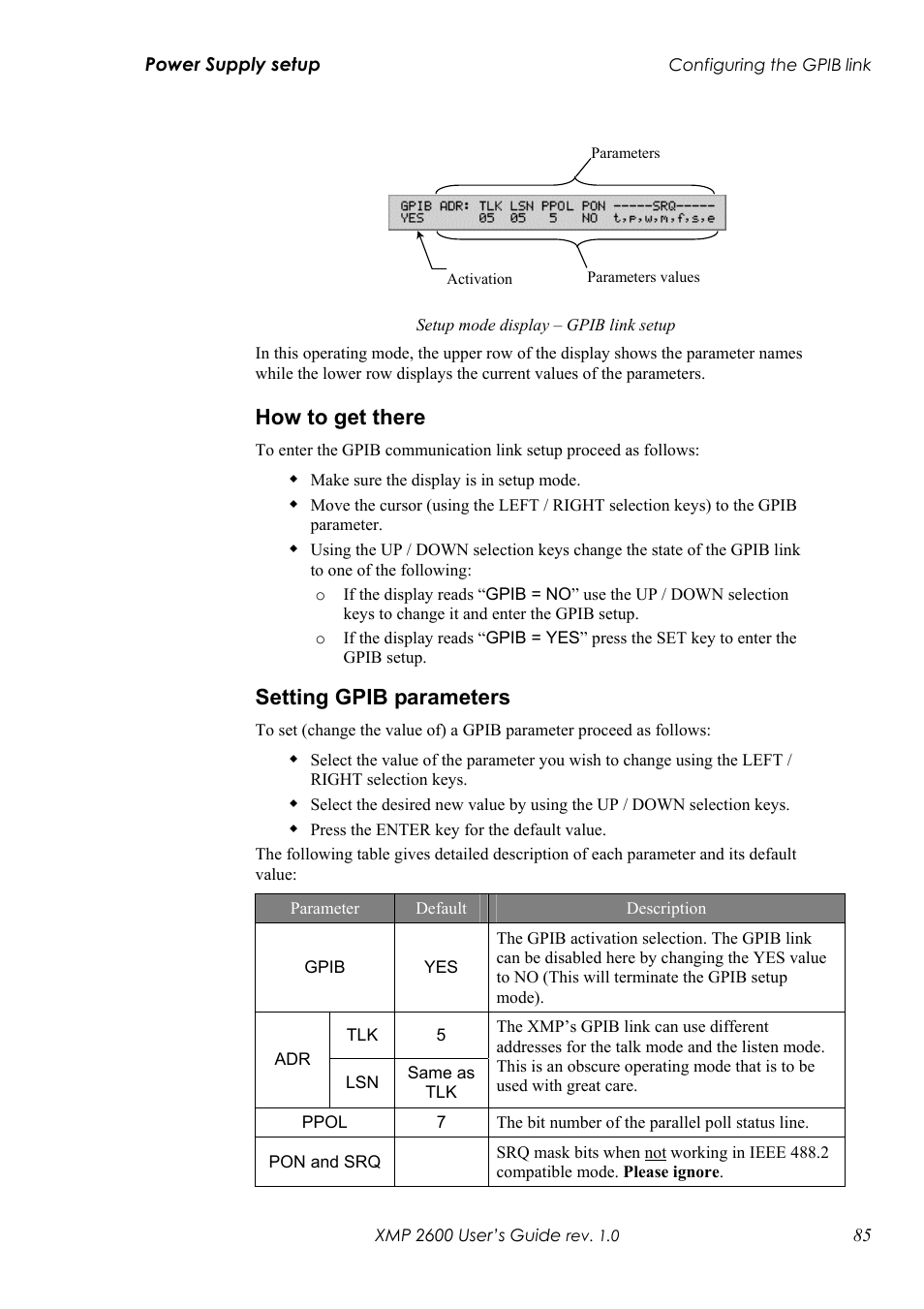 Ow to get there, Etting, Gpib | Parameters, How to get there, Setting gpib parameters | Xantrex Technology XMP 2600 User Manual | Page 104 / 119