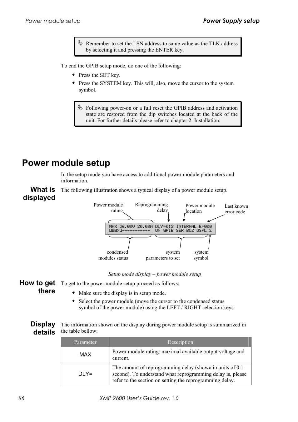 Power module setup, Hat is displayed, Ow to get there | Isplay details, What is displayed, How to get there, Display details | Xantrex Technology XMP 2600 User Manual | Page 105 / 119