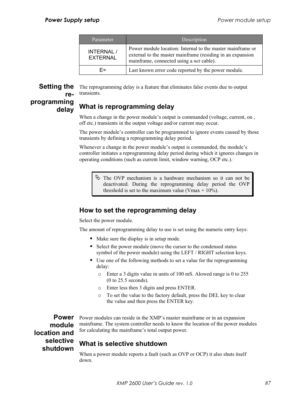 Etting the re, Programming delay, Hat is reprogramming delay | Ow to set the reprogramming delay, Ower module location and selective shutdown, Hat is selective shutdown, Setting the re- programming delay, What is reprogramming delay, How to set the reprogramming delay, Power module location and selective shutdown | Xantrex Technology XMP 2600 User Manual | Page 106 / 119