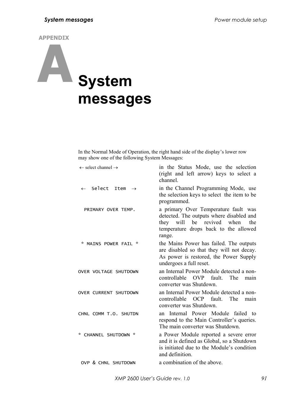 Appendix a: system messages, System messages | Xantrex Technology XMP 2600 User Manual | Page 110 / 119