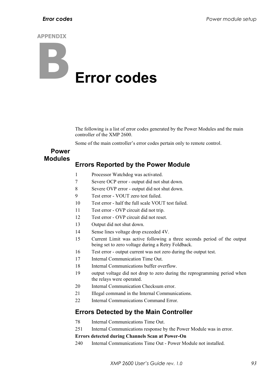 Appendix b: error codes, Ower, Odules | Rrors, Eported by the, Odule, Etected by the, Ontroller, Error codes | Xantrex Technology XMP 2600 User Manual | Page 112 / 119