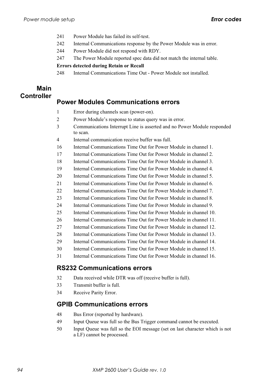 Ontroller, Ower, Odules | Ommunications errors, Rs232 c, Gpib c, Main controller, Power modules communications errors, Rs232 communications errors, Gpib communications errors | Xantrex Technology XMP 2600 User Manual | Page 113 / 119