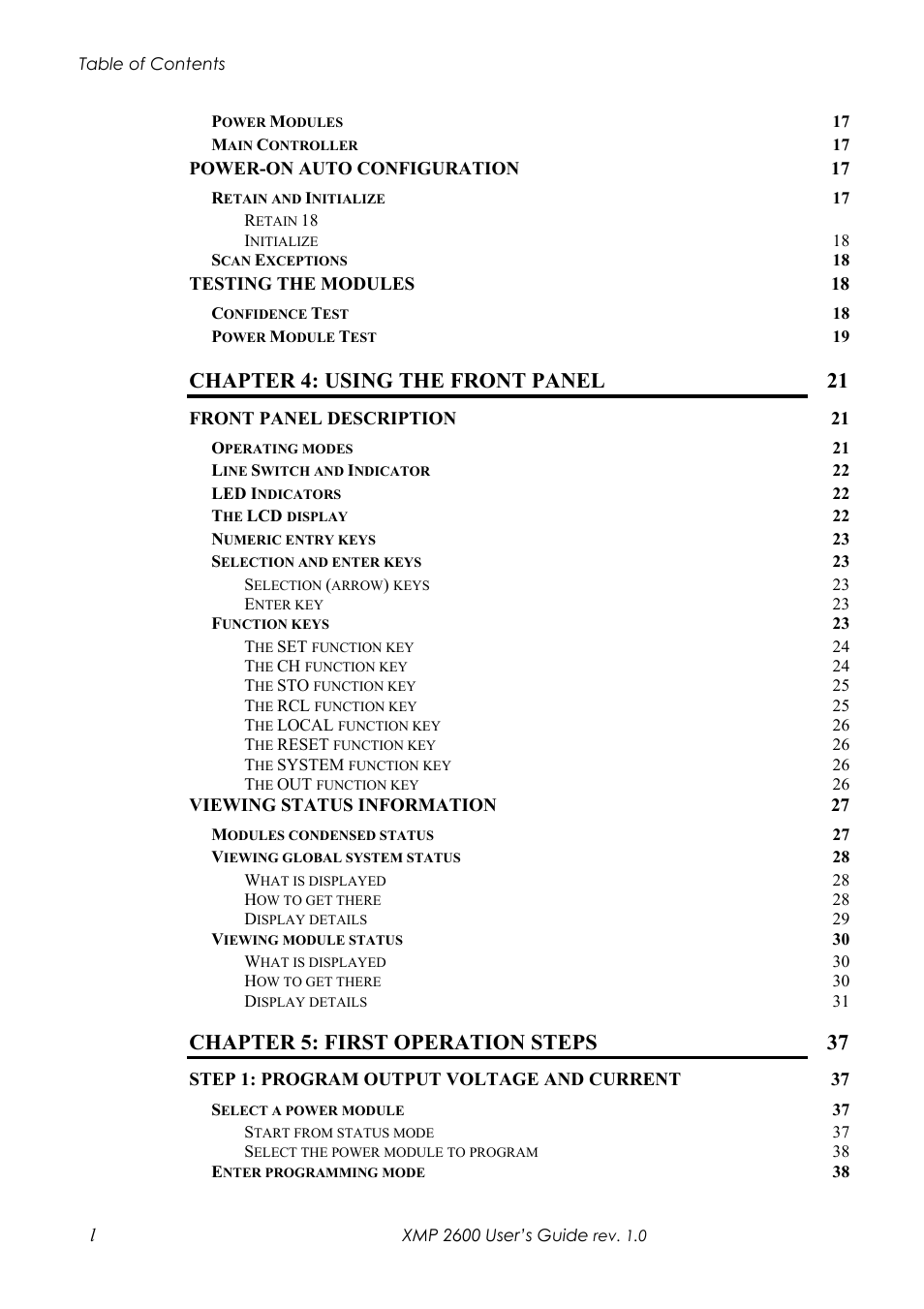 Chapter 4: using the front panel 21, Chapter 5: first operation steps 37 | Xantrex Technology XMP 2600 User Manual | Page 13 / 119