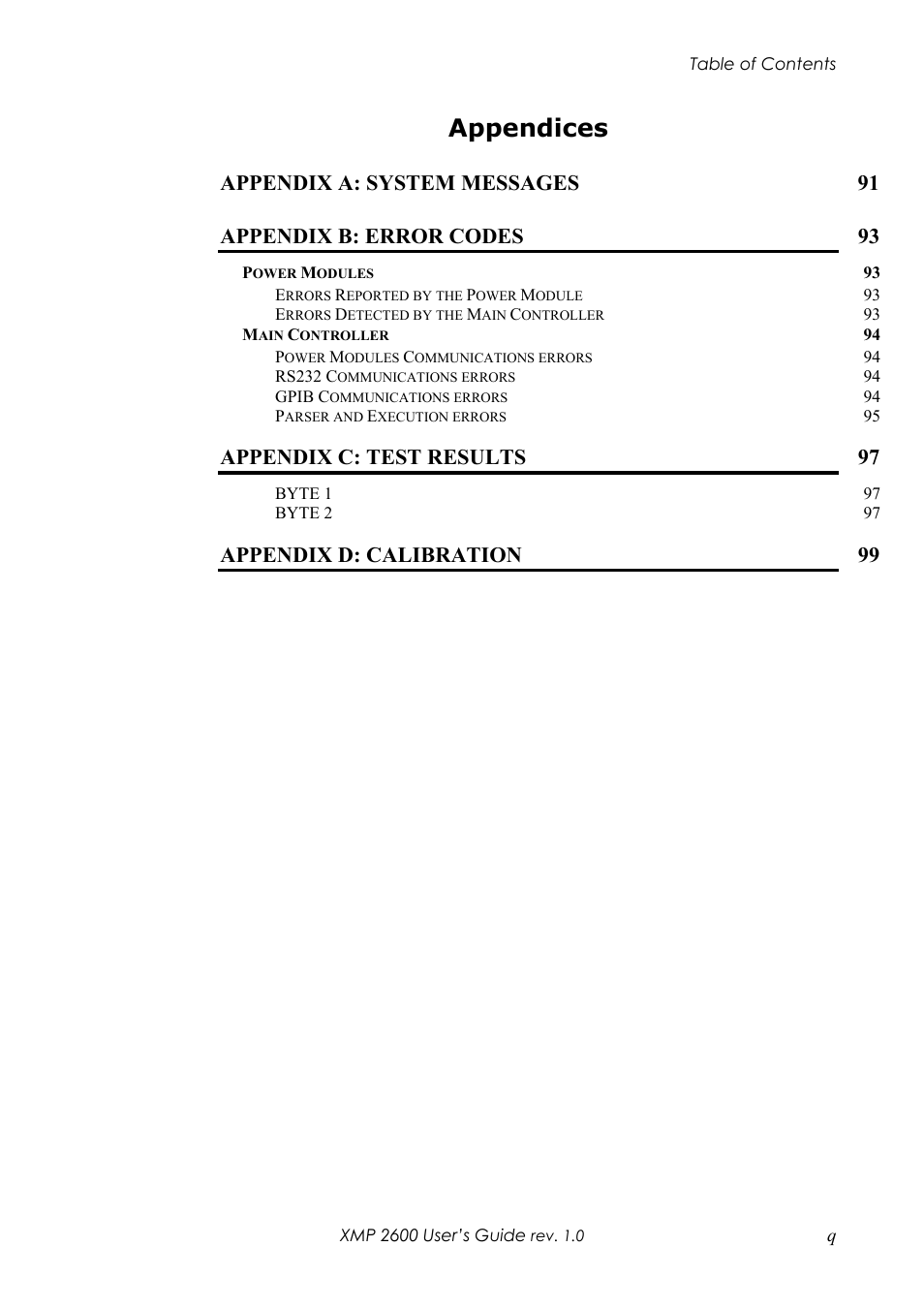 Appendices, Appendix a: system messages 91, Appendix b: error codes 93 | Appendix c: test results 97, Appendix d: calibration 99 | Xantrex Technology XMP 2600 User Manual | Page 18 / 119