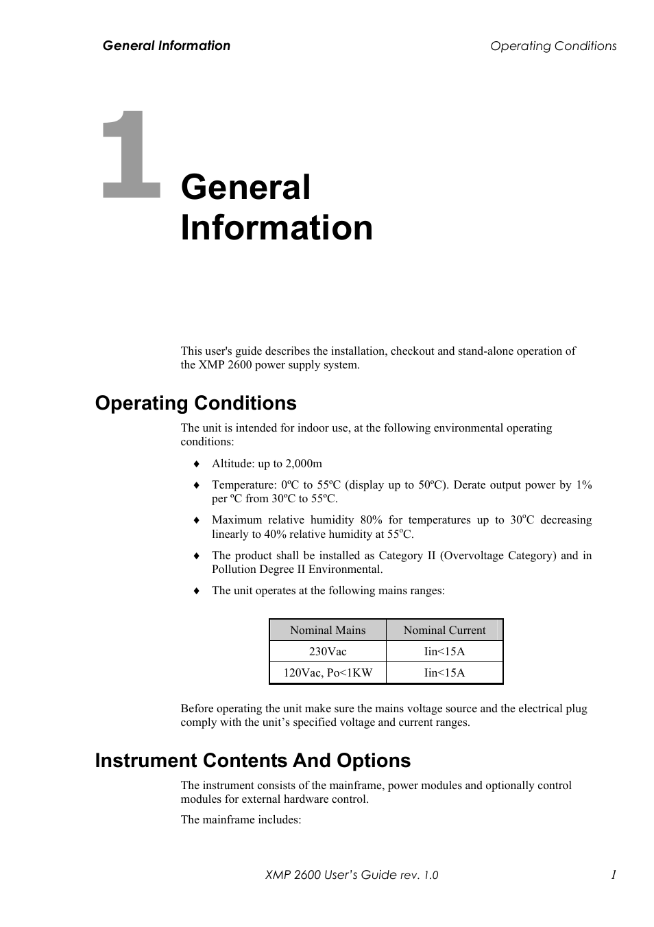 Chapter 1: general information, Operating conditions, Instrument contents and options | General information | Xantrex Technology XMP 2600 User Manual | Page 20 / 119