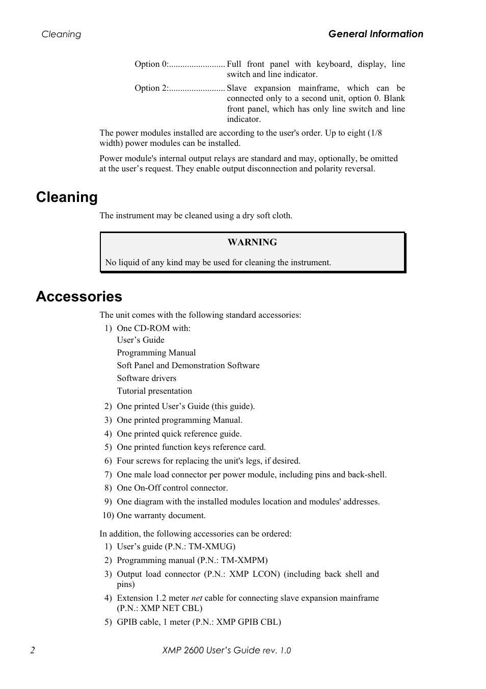 Cleaning 2 accessories 2, Cleaning, Accessories | Xantrex Technology XMP 2600 User Manual | Page 21 / 119