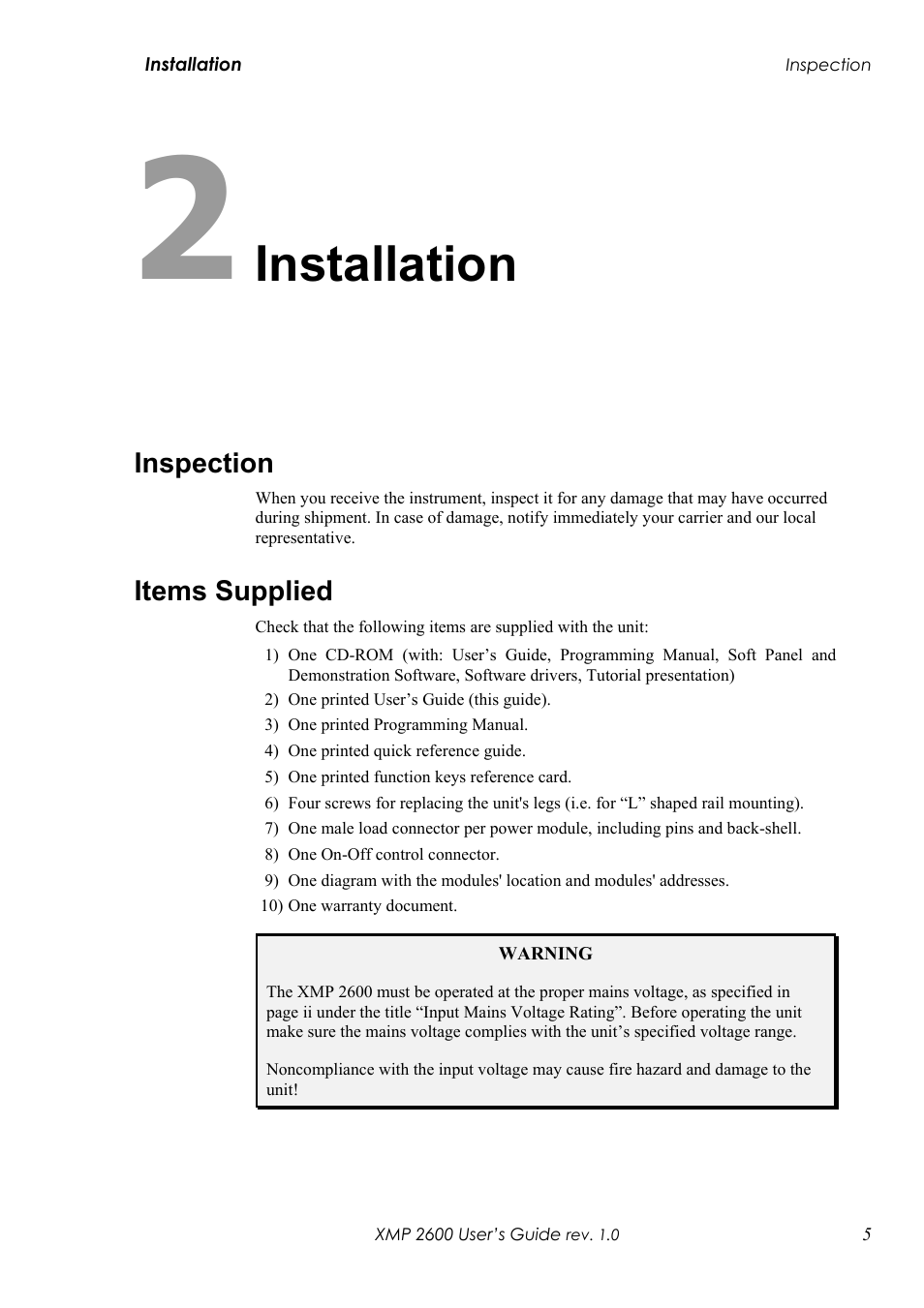 Chapter 2: installation, Inspection 5 items supplied, Installation | Xantrex Technology XMP 2600 User Manual | Page 24 / 119