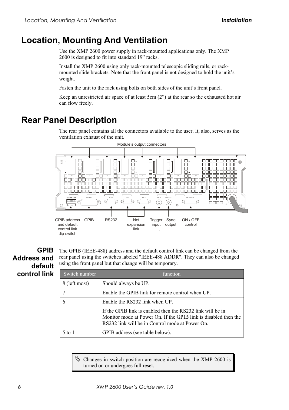 Location, mounting and ventilation, Rear panel description, Gpib a | Ddress and default control link, Gpib address and default control link, Installation | Xantrex Technology XMP 2600 User Manual | Page 25 / 119