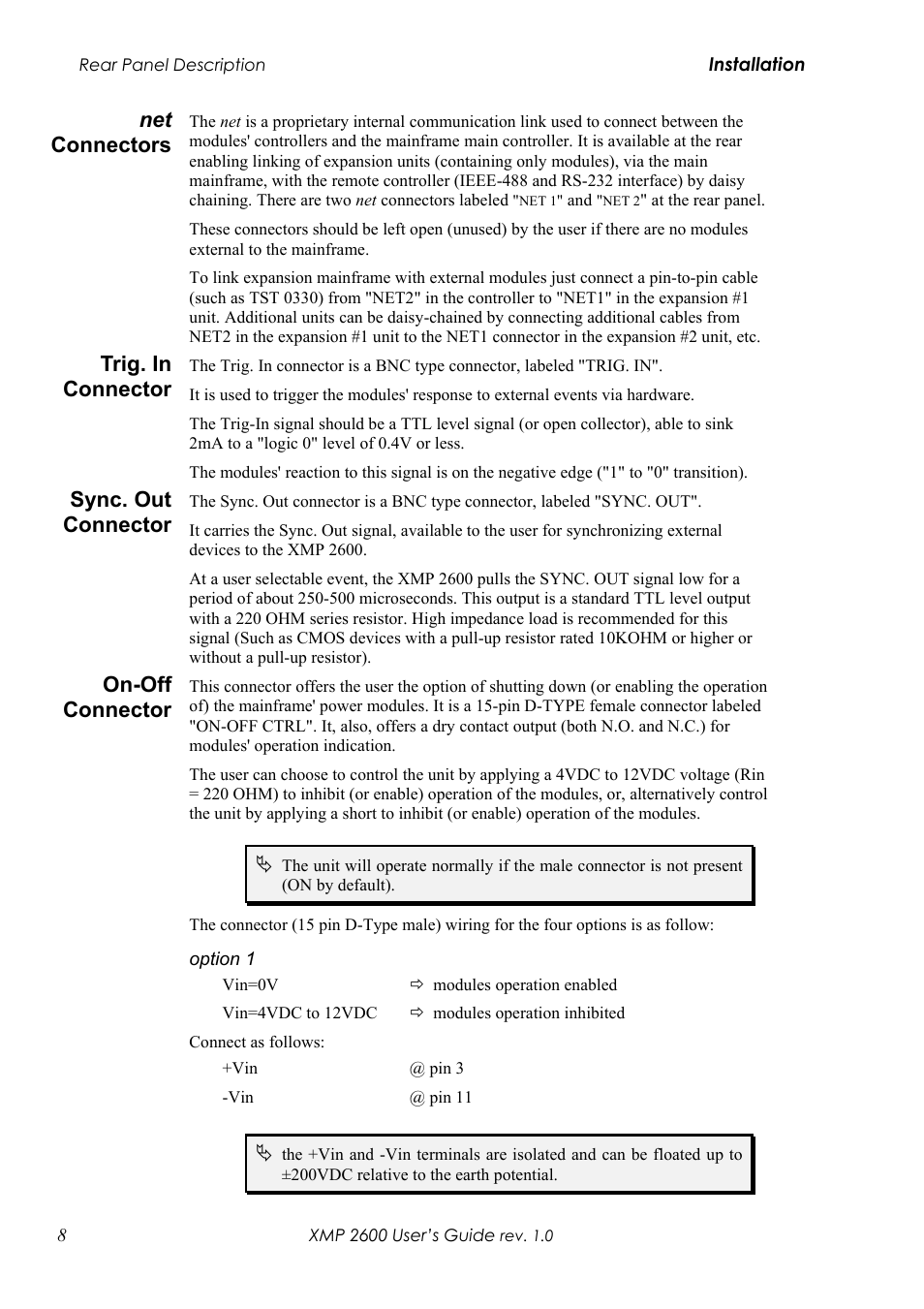 Onnectors, Onnector, Net connectors | Trig. in connector, Sync. out connector, On-off connector | Xantrex Technology XMP 2600 User Manual | Page 27 / 119
