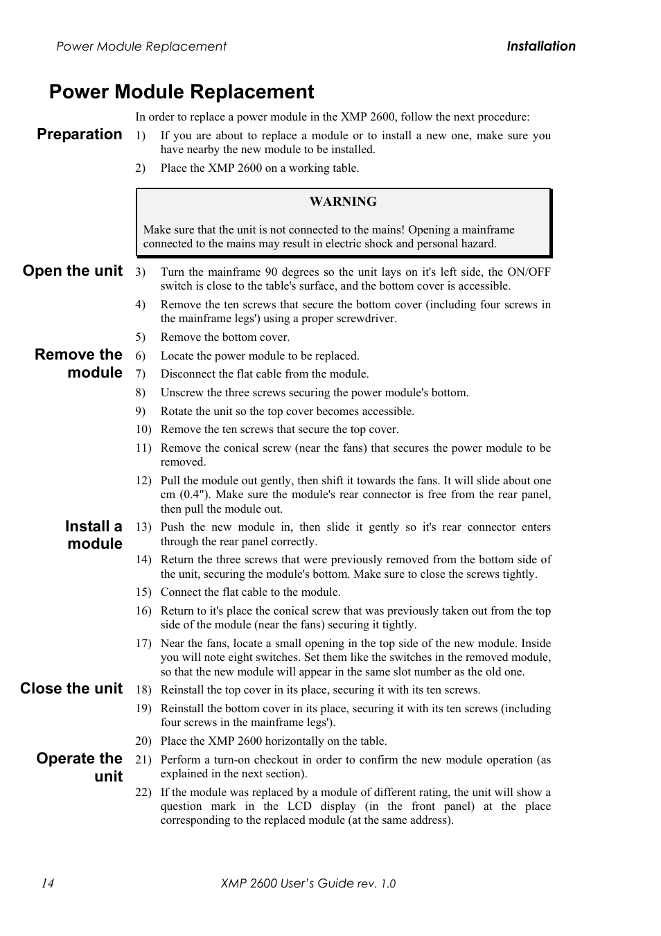 Power module replacement, Reparation, Pen the unit | Emove the module, Nstall a module, Lose the unit, Perate the unit, Preparation, Open the unit, Remove the module | Xantrex Technology XMP 2600 User Manual | Page 33 / 119