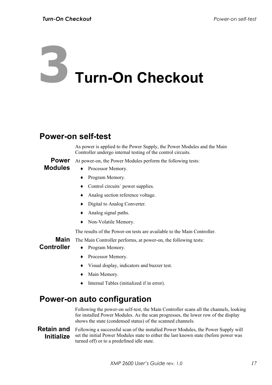 Chapter 3: turn-on checkout, Power-on self-test, Ower | Odules, Ontroller, Power-on auto configuration, Etain and, Nitialize, Turn-on checkout | Xantrex Technology XMP 2600 User Manual | Page 36 / 119