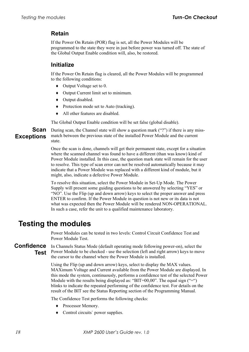 Etain, Nitialize, Xceptions | Testing the modules, Onfidence | Xantrex Technology XMP 2600 User Manual | Page 37 / 119