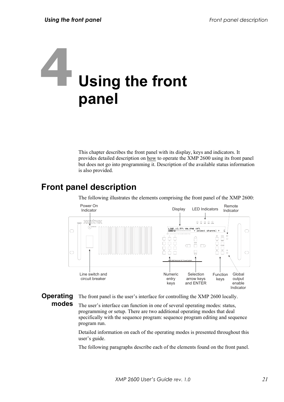 Chapter 4: using the front panel, Front panel description, Perating modes | Operating modes, Using the front panel, Rev. 1.0 | Xantrex Technology XMP 2600 User Manual | Page 40 / 119