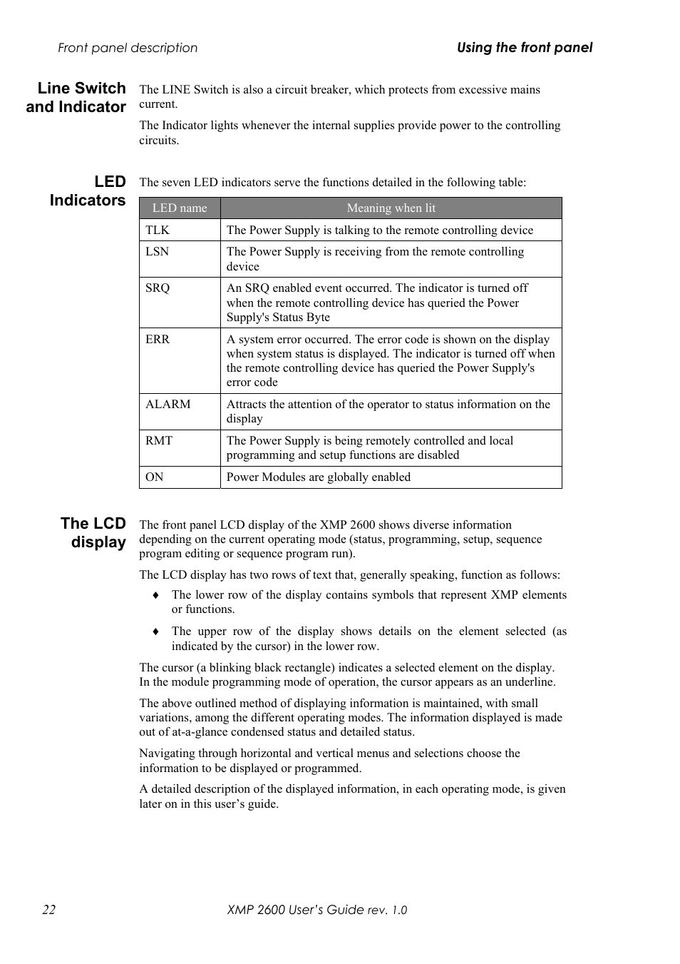Witch and, Ndicator, Led i | Ndicators, Display, Line switch and indicator, Led indicators, The lcd display | Xantrex Technology XMP 2600 User Manual | Page 41 / 119