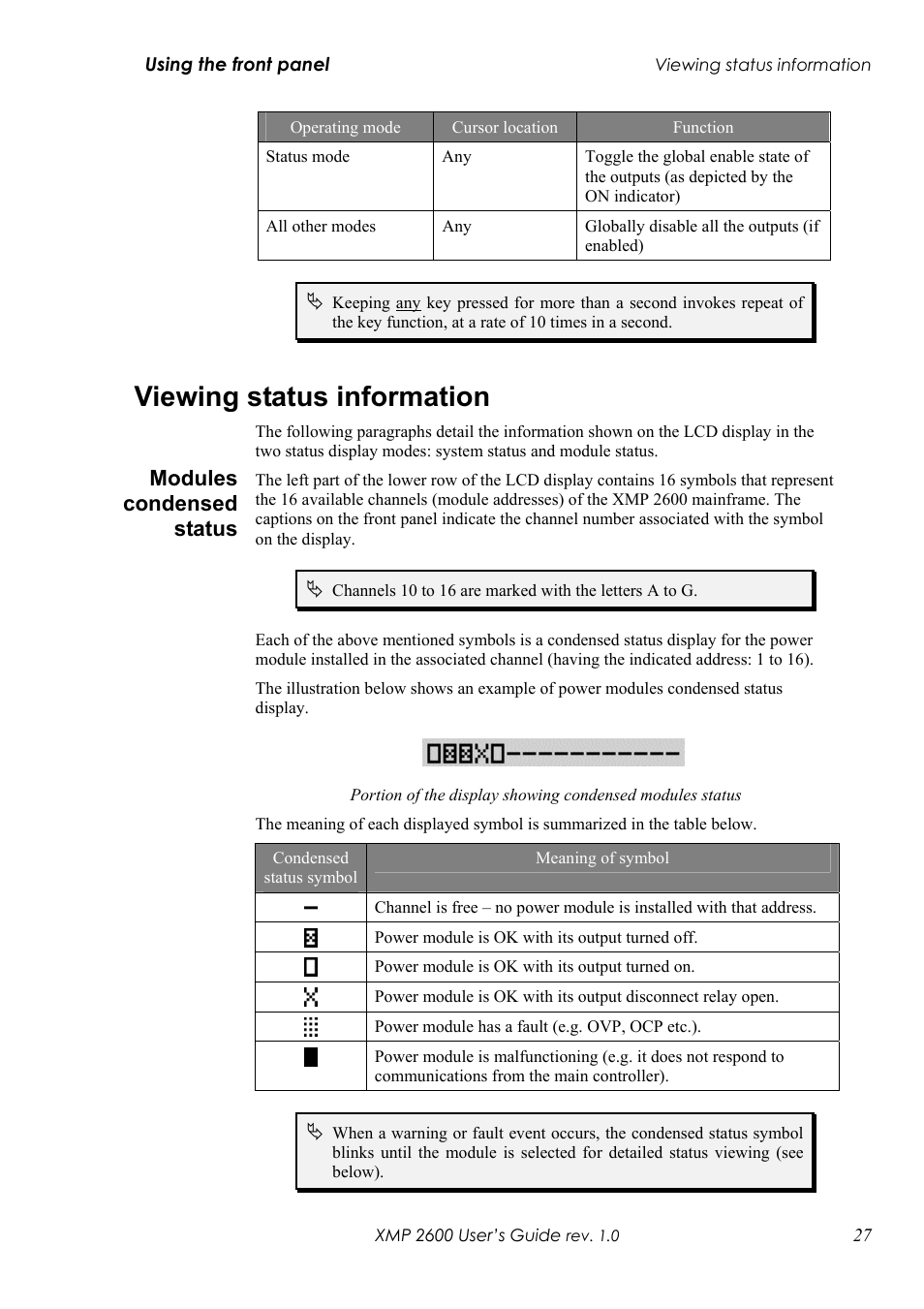 Viewing status information, Odules condensed status, Modules condensed status | Xantrex Technology XMP 2600 User Manual | Page 46 / 119