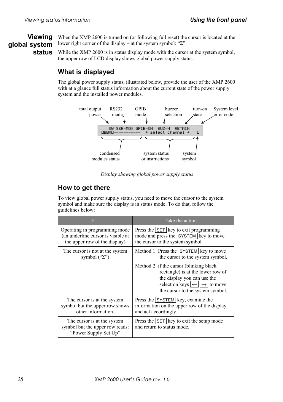Iewing global system status, Hat is displayed, Ow to get there | Viewing global system status, What is displayed, How to get there | Xantrex Technology XMP 2600 User Manual | Page 47 / 119