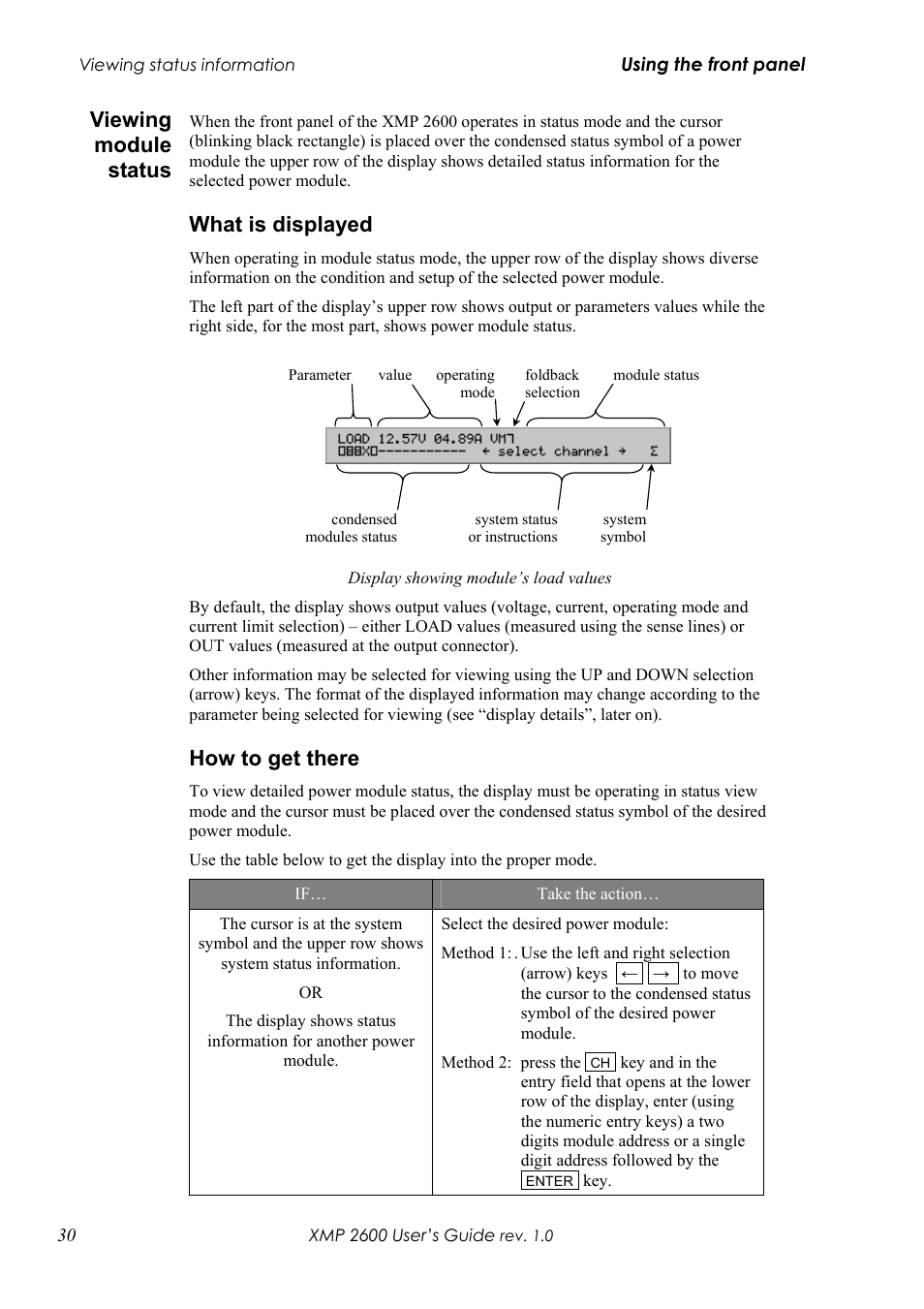 Iewing module status, Hat is displayed, Ow to get there | Viewing module status, What is displayed, How to get there | Xantrex Technology XMP 2600 User Manual | Page 49 / 119