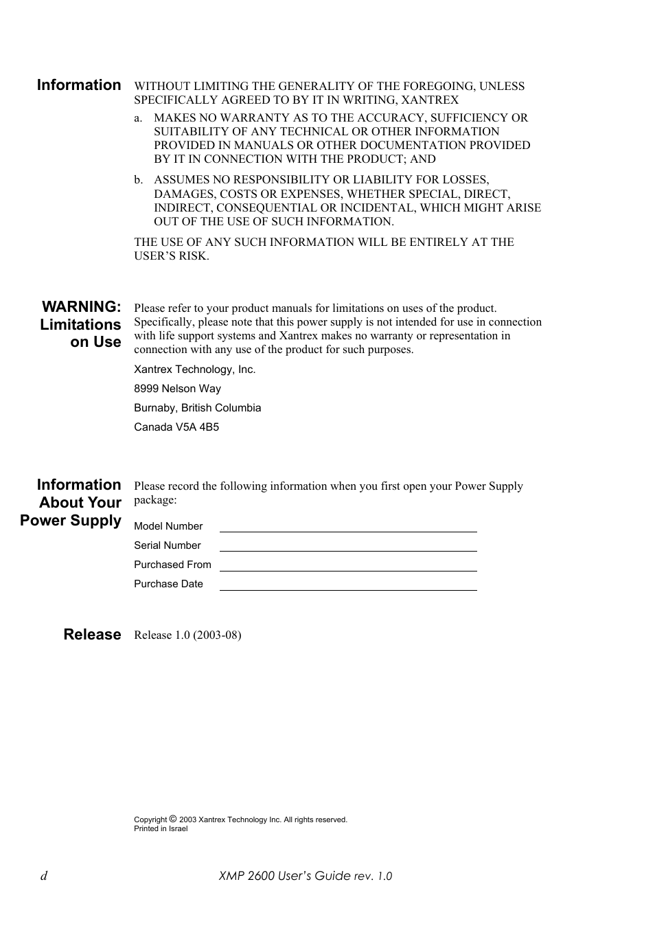 Information, Warning: limitations on use, Information about your power supply | Release | Xantrex Technology XMP 2600 User Manual | Page 5 / 119