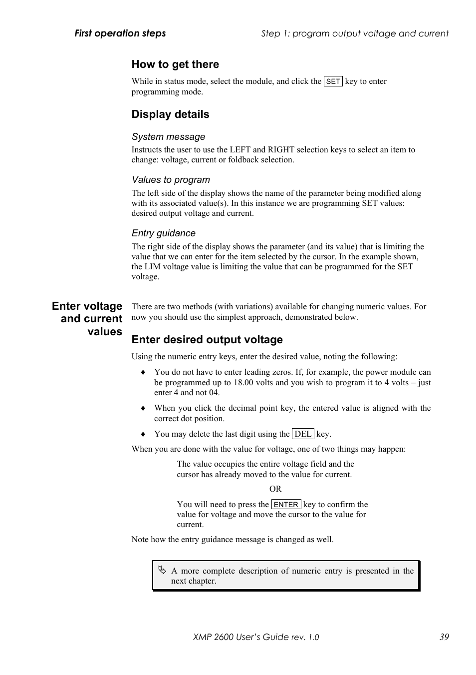 Ow to get there, Isplay details, Nter voltage and current values | Nter desired output voltage, How to get there, Display details, Enter voltage and current values, Enter desired output voltage | Xantrex Technology XMP 2600 User Manual | Page 58 / 119