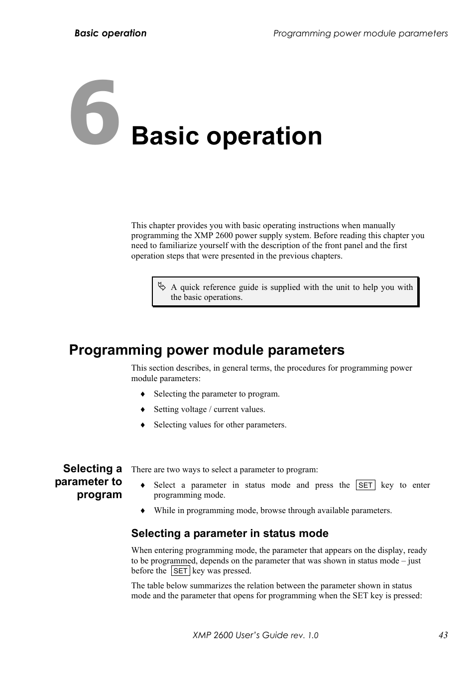 Chapter 6: basic operation, Programming power module parameters, Electing a parameter to program | Electing a parameter in status mode, Basic operation | Xantrex Technology XMP 2600 User Manual | Page 62 / 119